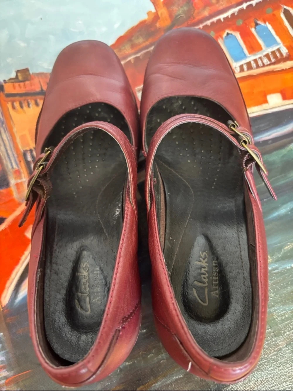Clarks Women’s Wine Leather Mary Jane Heels - Picture 2 of 7